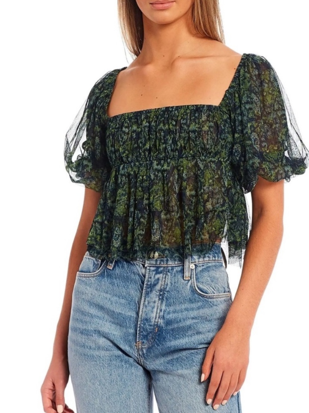 Free People Dark Green Floral Square-Neck Puff Sleeve Crop Top